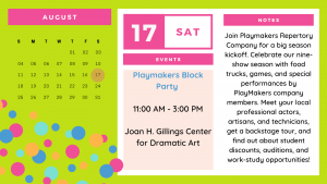 Calendar image. Text reads: PlayMakers Block Party. 11 - 3. Joan Gillings Center for Dramatic Art