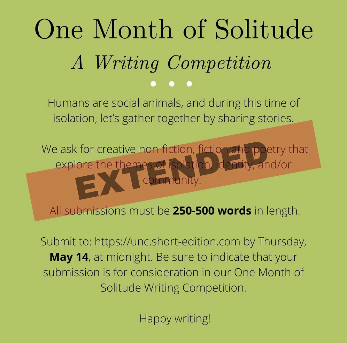 One Month of Solitude Writing Competition - Arts Everywhere