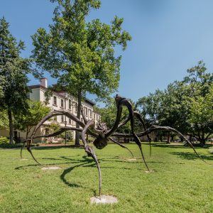 27 foot bronze and stainless steel spider sculpture in front of a school building