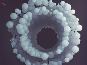 White bubbles form two circles with a black hole in the center
