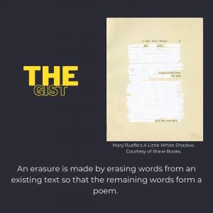 shows an erasure poem. Text reads: the gist. An erasure is made by erasing words from an existing text so that the remaining words form a poem