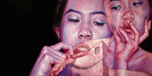 Culturally Adapt by Isabel Lu - a woman pulls her lip and is superimposed with a woman scrunching her mouth with her hand