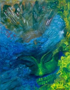 “River of Time” by Saayli Kokitkar - a blue and green river with a face in it