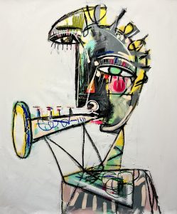 an abstract figure plays an abstract instrument with his mouth