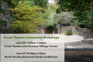 Text reads: Forest Theatre community workshops. June 28. 5:30 pm. Forest Theatre (rain location: Gillings Center). June 29. 12 pm. North Carolina Botanical Garden