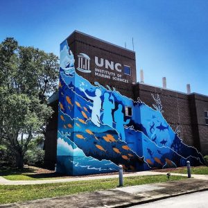 IMS Mural featuring shades of blue, ocean wildlife, scientists, and more