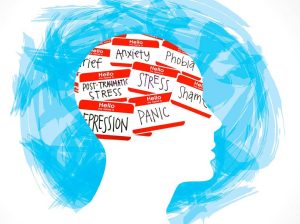 outline of a head with the words anxiety, stress, panic, written on stickers 