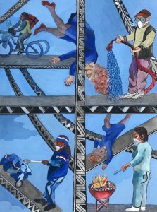 Mural of people wearing masks and working, bicycling, or grilling on a bridge.